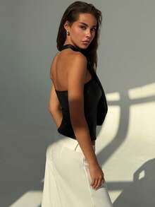 Aloruh Women's Y2K Sexy Strapless Backless Crop Top, Coated Fabric, Fitted Party Wear, Autumn/Winter - Black - View 7