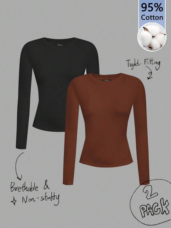 Tseoso 2pcs Black & White Casual Long Sleeve Fitted Long T-Shirt Set, Suitable For Autumn & Winter