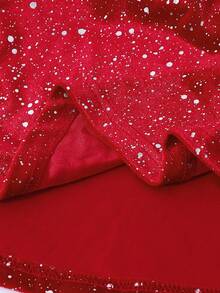 SHEIN Sparklyn 女孩圣诞天鹅绒星星和银箔领长袖连衣裙，撞色拼布设计，适合派对、节日、圣诞节装扮 - 紅色 - 查看 6