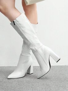 CUCCOO BIZCHIC 高品质鳄鱼压纹白色高筒靴，尖头粗跟优雅女靴，时尚百搭新款长靴，展现女性魅力与优雅 - 白色 - 查看 5