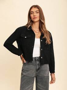 Coeurva 翻蓋口袋落肩袖短夾克不附吊帶上衣 - 黑色 - 查看 4