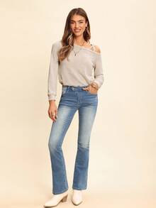 Coeurva Damen Langarm Sweatshirt mit Waffeltextur, asymmetrischem Kragen, Ballonärmeln für Lässig und Büro - Aprikosenfarben - Übersicht 6