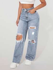 SHEIN PETITE Women's Casual Fashion Street Distressed Loose Straight Leg Jeans - Blue - View 8