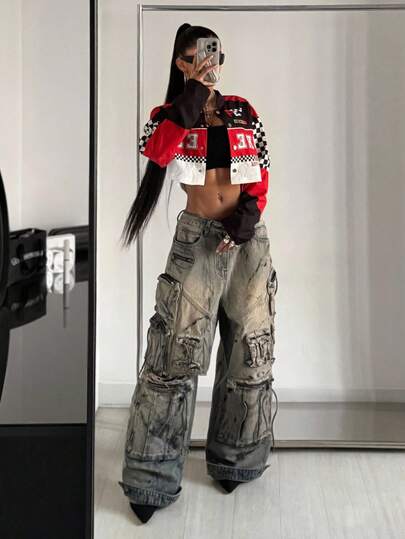 StreetHx Women's Autumn/Winter Motorcycle Pu Leather Jacket, Biker Style Short Jacket, Motorcycle Graphic, Red & Black Color, Streetwear Outerwear Long Sleeve Jacket Fall Y2k Club Baddie