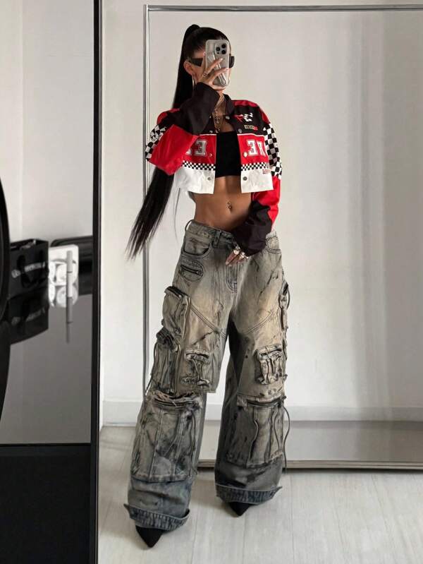 StreetHx Chaqueta de motociclista de cuero de poliuretano para mujer, estilo de motociclista, chaqueta corta, gráfico de motocicleta, color rojo y negro, ropa exterior de estilo callejero de manga larga, chaqueta de otoño Y2k Club Baddie