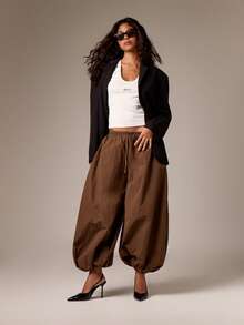 AiiRZ High Rise Harem Wide Leg Palazzo Pants Balloon Trousers With Drawstring Elastic Waistband Autumn Winter Fashion - Coffee Brown - View 5