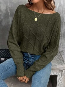 EMERY ROSE Women's Casual Solid Color Batwing Sleeve Crew Neck Sweater, Autumn/Winter - Army Green - View 6