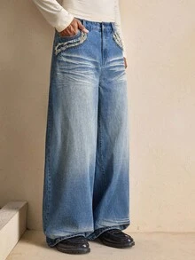 Quần jeans ống rộng ống loe có túi viền tua rua cho nam - Màu xanh lam - Xem 6