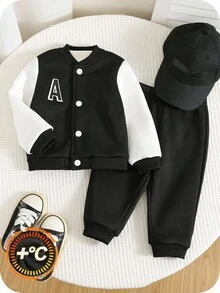 SHEIN 2件套婴儿/男婴/女婴加厚抓绒撞色棒球外套套装，适合秋冬季、节日、街头服饰、运动服、慢跑裤、圣诞派对等场合。 - 黑與白 - 查看 4