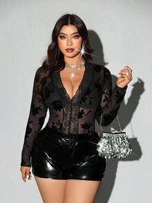 Viva Relle Plus Size Women's Spring/Autumn Lace Patchwork Semi-Sheer Fabric Sexy Decorative Button Deep V-Neck Long Sleeve Top