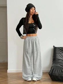 SHEIN Unity Women's Oversized Casual Streetwear Y2K Baddie Back To School College Style Sweatpants, Grey Floral, Autumn/Winter - Light Grey - View 4