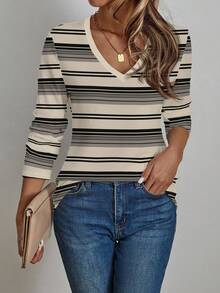 EMERY ROSE Women's V-Neck Casual Striped Print Long Sleeve T-Shirt, Khaki - Multicolor - View 3