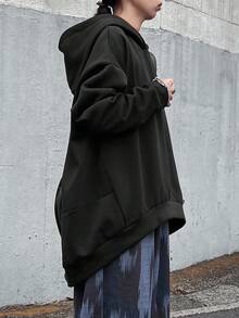 FRIFUL Women's Solid Black Sweatshirt With Dropped Shoulders, Front Short Back Long Hem Splice, Loose Casual Versatile Fleece Sweatshirt, Autumn/Fall - Black - View 2