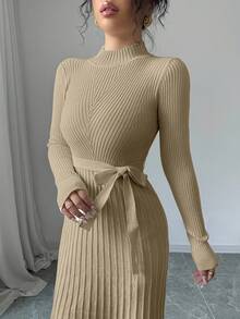 Elenzga 女式纯色立领长袖系带优雅简约 A 字针织连衣裙，秋冬 - 卡其色 - 查看 5