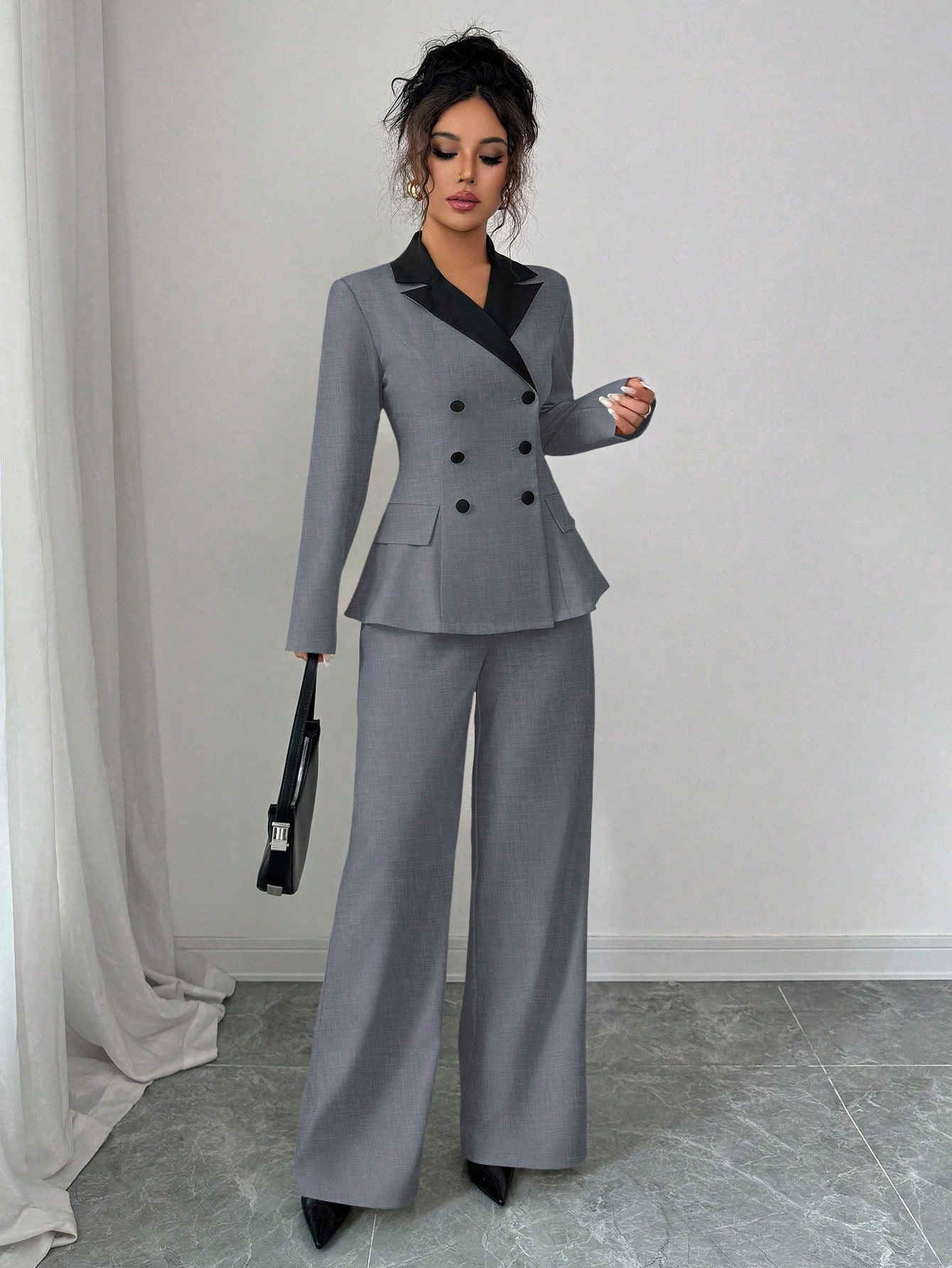 Elenzga بدلة نسائية أنيقة طويلة الأكمام بتباين لون...