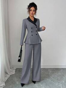 Elenzga 女士优雅通勤优雅长袖撞色腰部 A 字长套装，适合日常穿着、工作通勤和多种场合，春秋季 - 灰色 - 查看 4