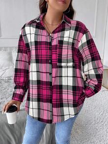 SHEIN LUNE Plus Size Plaid Long Sleeve Casual Shirt, Suitable For Commuting, Autumn Fall - Hot Pink - View 4