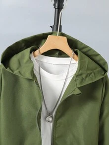SHEIN Áo khoác hoodie dài tay có khóa kéo màu trơn thường ngày cho bé trai tuổi teen, mùa thu - xanh quân đội - Xem 4