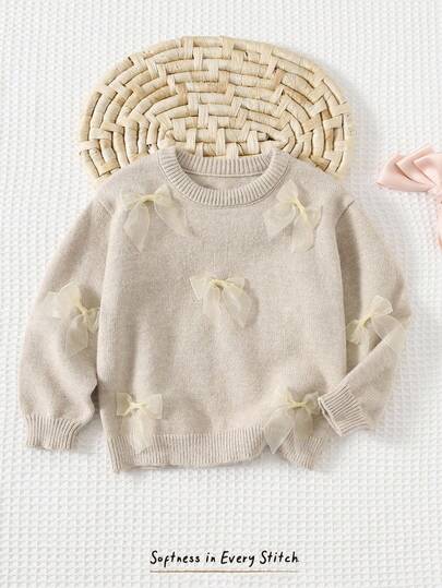 Cozy Pixies Baby Girl Decorative 3D Bow Crew Neck Long Sleeve Pullover Sweater, Casual & Versatile,In Fall/Winter Baby Solid Color Knitted Sweater