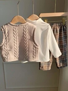 SHEIN 男宝宝秋冬可爱百搭针织背心、格子裤、白衬衫三件套，适合生日派对、锐舞派对、晚宴、演出、婚礼、迎婴派对、一周岁生日庆祝等场合。 - 彩色 - 查看 2