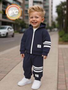 2pcs Baby Boys Thermal Lined Thick Contrast Color Ribbed Loose Raglan Hoodie Jacket And Casual Sports Pants Set, Suitable For Winter - Royal Blue - View 1
