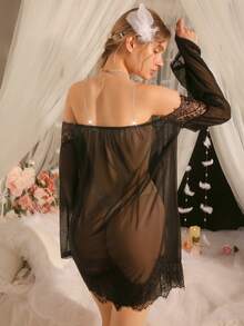 DelicateAllure 女士性感薄纱蕾丝睡裙，秋冬款 - 黑色 - 查看 2