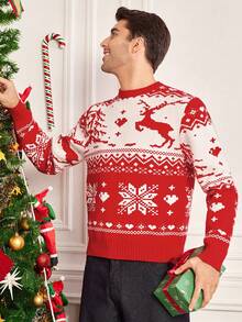 Manfinity RelaxMax 男士休闲驯鹿雪花图案圆领长袖毛衣，秋冬季，圣诞节适用 - 紅色 - 查看 3