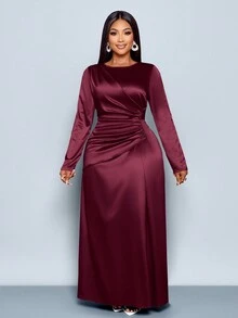 SOLERSUN Đầm ôm body bằng vải satin nhún bèo màu trơn thanh lịch dành cho nữ, thích hợp cho trang phục dự tiệc hẹn hò Maxi dành cho nữ - Màu Đỏ Sâu - Xem 6