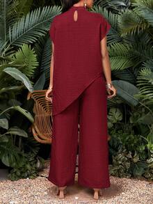 SHEIN Lady 女式纯色立领不对称下摆蝙蝠袖衬衫和阔腿裤休闲两件套 - 酒紅色 - 查看 2