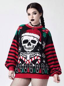 ROMWE Goth Dark Christmas Tree, Skull, Snowflake, Candy Cane Pattern Women Sweater - Multicolor - View 4