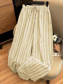 Franclia 天蓝色竹节针织条纹休闲松紧腰女裤，适合春秋季 - 卡其色 - 查看 6