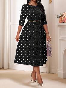 SHEIN Lady Plus Size Elegant Party Polka Dot Print Dress Black Polka Dot Dress Black And White Polka Dot Dress Church Dress For Women Polka Dot Dress Elegant Midi Dress Black And White Polkadot Dress Polka Dot Midi Dress Plus Size Polka Dot Print Black And White Round Neck Contrast Binding Split Midi Dress Three Quarter Length Sleeve Elegant Dress Black Skirt Plus Size Dress Women Cozy Fall And Winter Clothes For Women Thanksgiving Dress Black Dresses For Women Elegant Dresses For Women Casual Dresses For Women