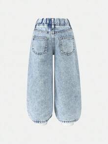 Young Girls Light Wash Denim Straight Leg Jeans With Bow Details Long Plain Zipper Casual Style Jeans With Bows Cute Baggy Jeans