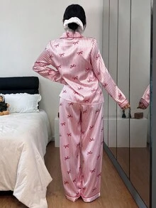 Women's Casual Pink Satin Long Sleeve Top & Pants Pajama Set With Striped And Bow Print Long Pants Home Wear Pink Pajama Set Bow Print Pajamas Striped Pajama Set Pajama Sets For Women, Fall Winter Clothes
