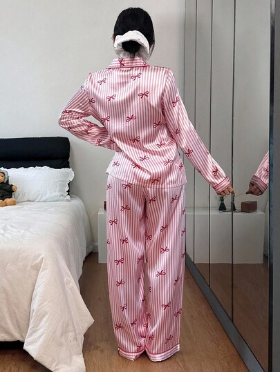 Roze Satijnen Long Sleeve Top Pants Pajama Set Gestreepte Bow Print Home Wear Pyjama Sets Women, Fall Clothes view 2