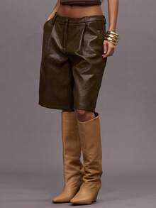 MUSERA Pleated Suit Pant Style Faux Leather Co-Ord Bottoms Only Night Out Going Out Streetwear Cute Sexy Uncut Party - Army Green - View 2