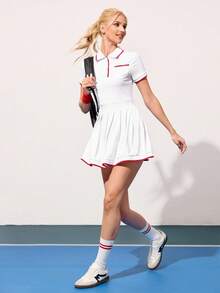 CourtClass Contrast Trim Pleated Summer Sporty Mini Dress - White - View 6