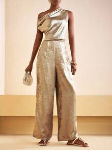 Zivah 2025 秋季新款音乐节西部游牧风格生日派对毕业典礼大学生日常休闲度假巡航海滩日光浴病毒式街头服饰万圣节服装婚礼宾客波西米亚风通勤早午餐商务休闲机场派对节日优雅宴会金色不对称褶皱腰部闪亮纹理连体裤 - 金色 - 查看 5