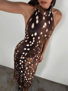 Aloruh 女式新款秋冬无袖挂脖连衣裙，性感鹿纹高领露背长款连衣裙，派对俱乐部服装 - 彩色 - 查看 5