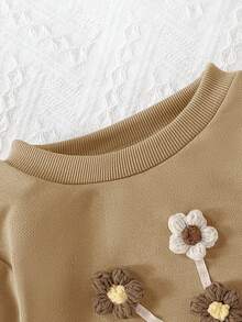 Girls Cute Bow Flower Decor Round Neck Sweatshirt, Casual Spring/Autumn Fall Winter - Khaki - View 6