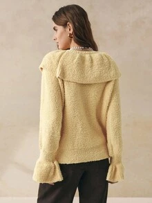 INAWLY Women's Solid Color Round Neck Long Sleeve Ruffle Patchwork Loose Sweater, Autumn/Winter - Yellow - View 2