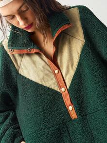Bohemela Autumn/Winter Women's Vintage Women's Casual Loose Green Colorblock Patchwork High Neck Half Button Up Teddy Sweatshirt, Western Country Style Concert Vacation, Suitable For Vacation & Daily Wear & Back To School, Halloween , Christmas - Multicolor - View 2