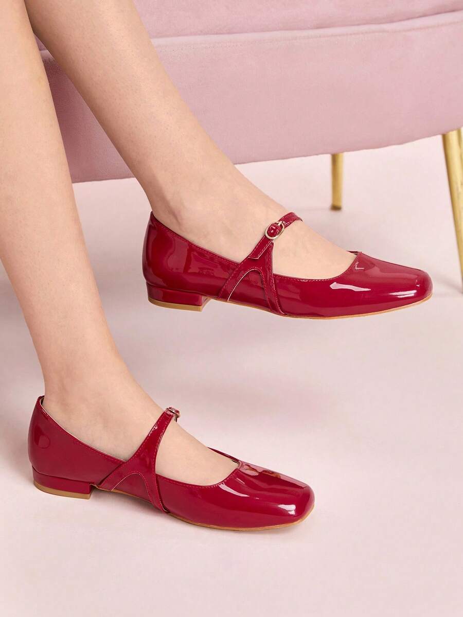 CUCCOO DOLLMOD 女士勃艮第红色圆头舒适可爱简约经典百搭通勤约会派对学校玛丽珍平底鞋 - 紅色 - 查看 1