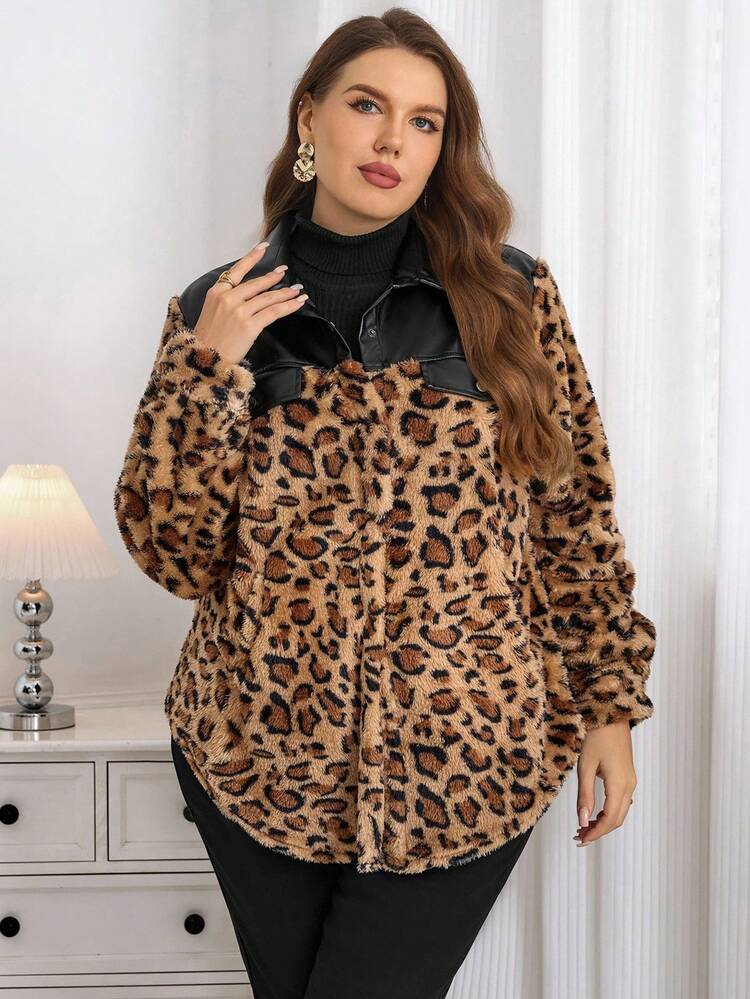 Plus Size Women Winter Warm Faux Fur Leopard Print PU Patchwork Coat With Pockets, Autumn Winter, Going Out, 2025 New , Simple And Fashionable For Everyday Wear, Plus Size Winter , Winter Brown Buttons Coat, Christmas For Women , New Year