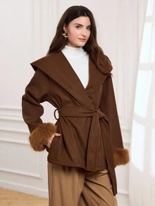 Miaspire Women's Elegant Wool Blend Hooded Cardigan Coat With Belt, Deep Brown, Fuzzy Cuffs, High-Quality Silhouette Autumn Winter Clothes For Women - Brown - View 4