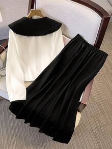 Franclia 秋冬新品：精致的套装采用黑白对比色梭织面料制成，包括迷人的彼得潘领大衣，配有精致的领结细节和优雅的黑色长款中裙 - 黑與白 - 查看 2