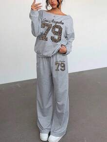 2pcs/Set Teen GirlCasual Fashion Leopard Print 98 Graphic Oblique Shoulder Long Sleeve Sweatshirt And Wide Leg Pants, Autumn/Winter Fall