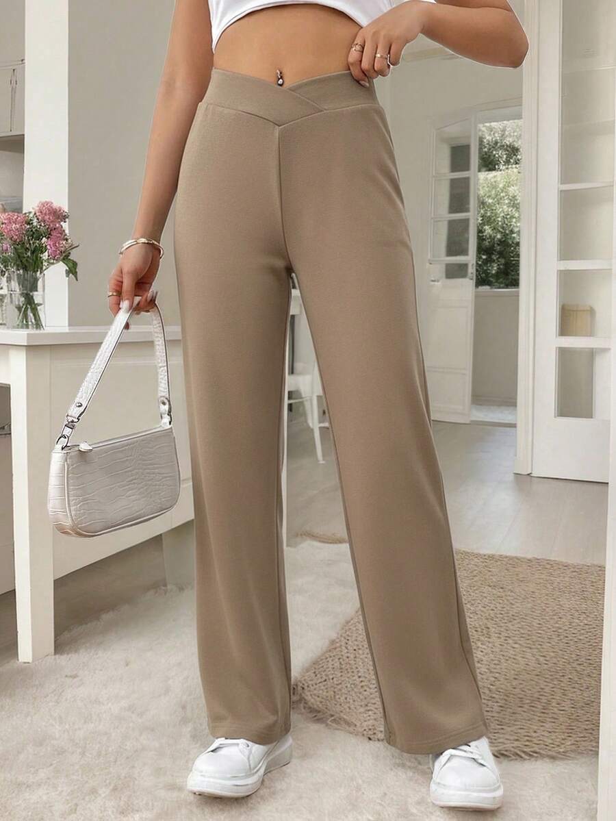 SHEIN Frenchy 女士休闲优雅腰部扭纹修身直筒裤 - 卡其色 - 查看 1