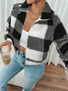SHEIN Frenchy Áo khoác ấm kẻ sọc thường ngày cho nữ, Thu/Đông - Đen và trắng - Xem 6