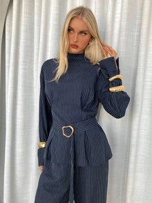 Siren Gaze 女式条纹领口收腰通勤西装，秋冬 - 藏蓝色 - 查看 5